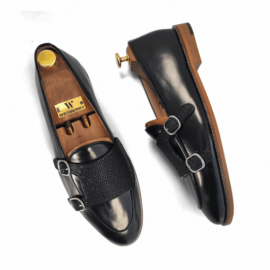 Black Embossed Double Monk Loafers Slipon for Men