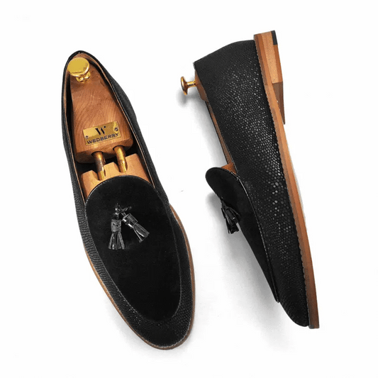 Black Snake Print and Velvet Tassle Ethnic Wedding Shoes Loafer Slipon for Men