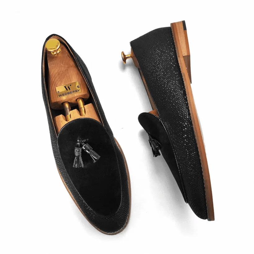 Black Snake Print and Velvet Tassle Ethnic Wedding Shoes Loafer Slipon for Men