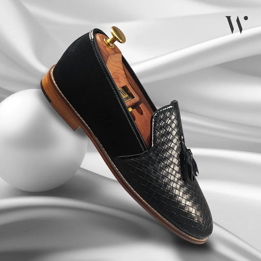 Black Checkered Tassel Slip-on Shoes Dress and Party Shoes for Men