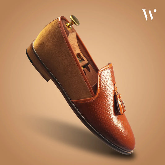 Tan Checkered Tassel Slip-on Shoes Dress and Party Shoes for Men