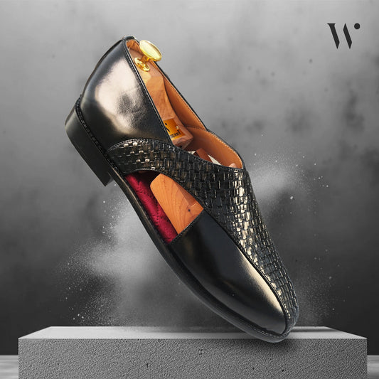 Black Pathani Sandals with Checkered Pattern