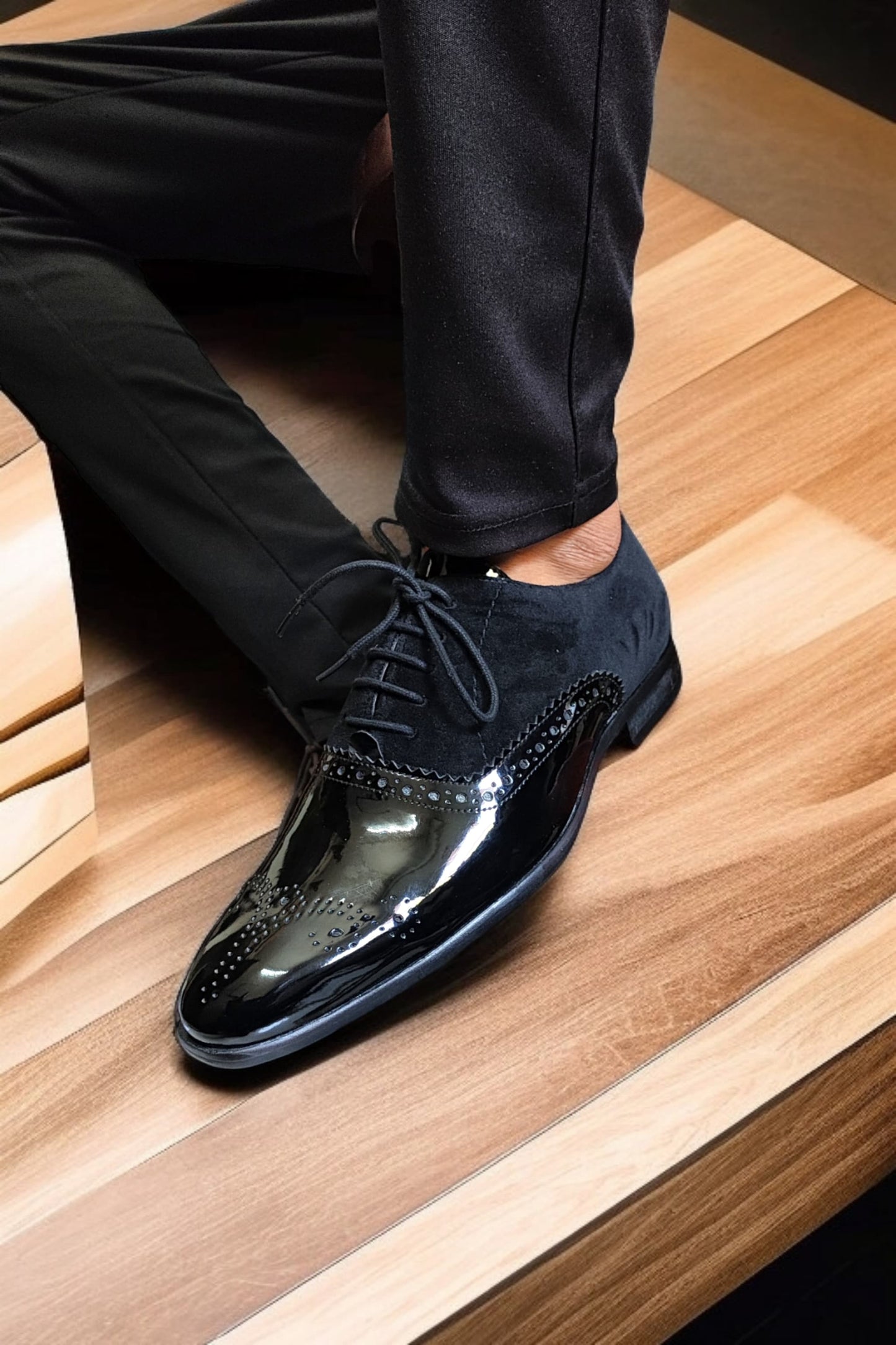 Black Shiny leather in front with Suede on Back