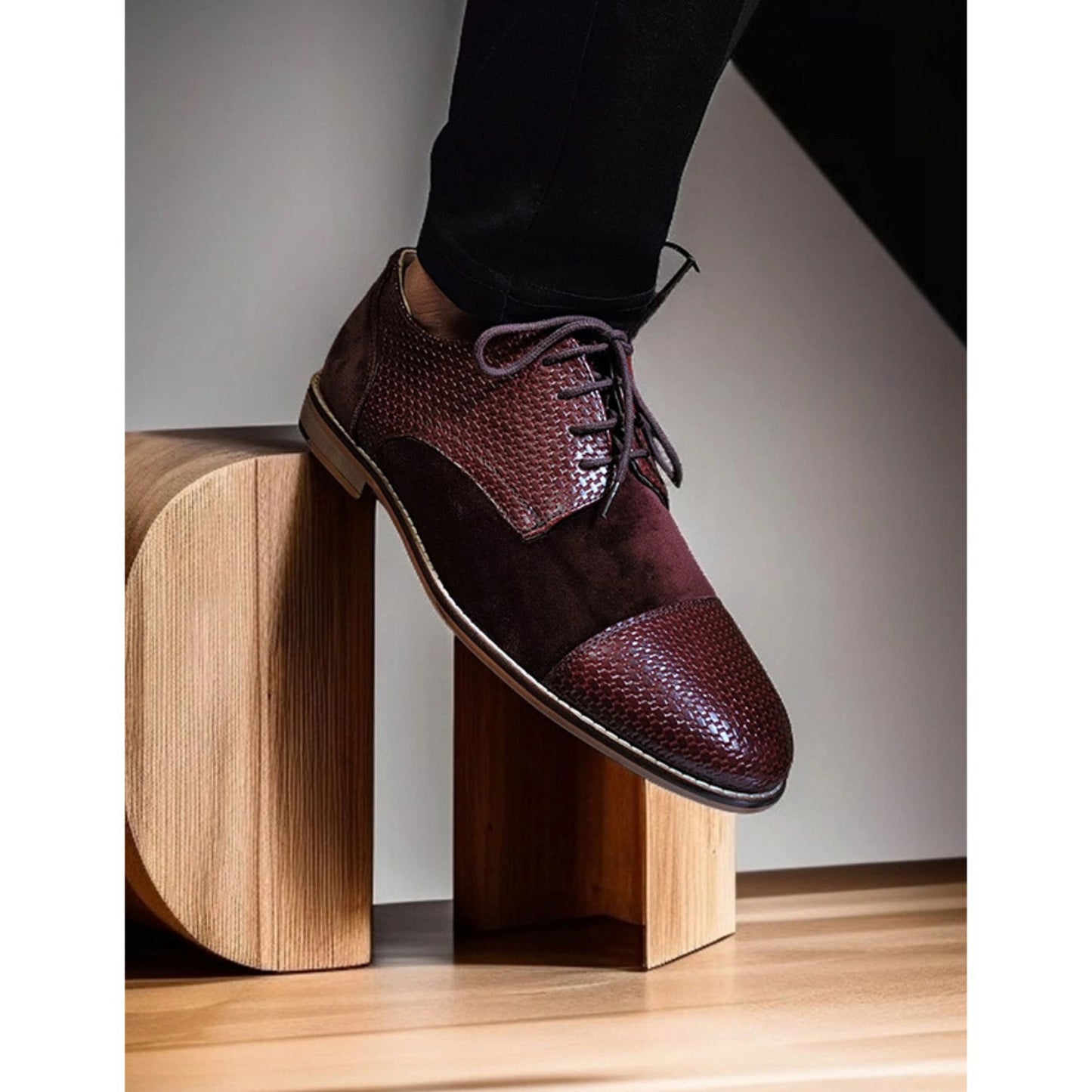 Brown Woven Leather with Suede Laceup