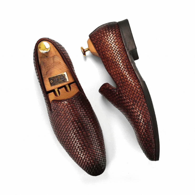 Solaz Brown Woven Loafer Slipons Shoes Made of Real Leather for Men