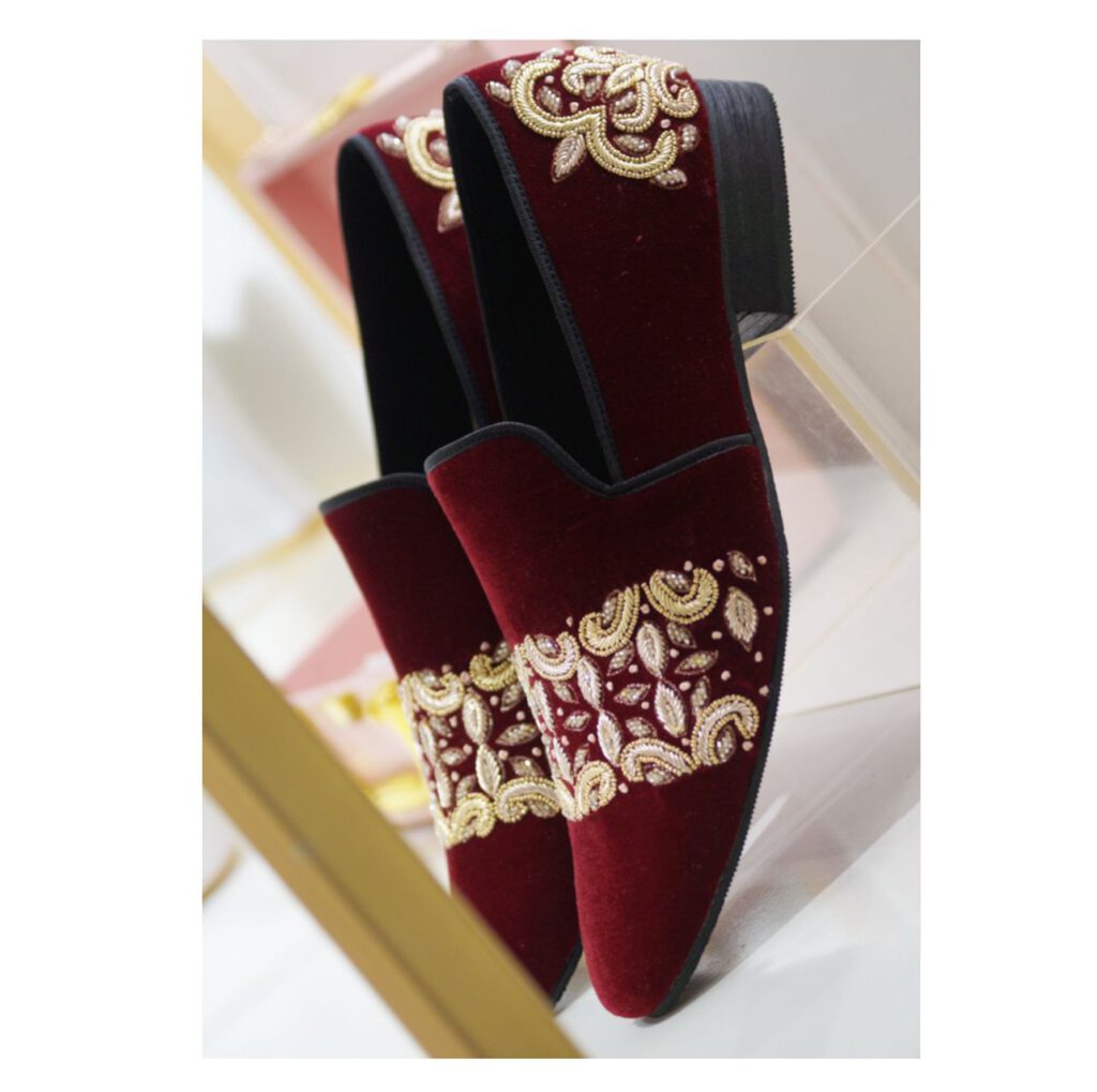 Cherry Velvet Zardozi Handwork Wedding Shoes