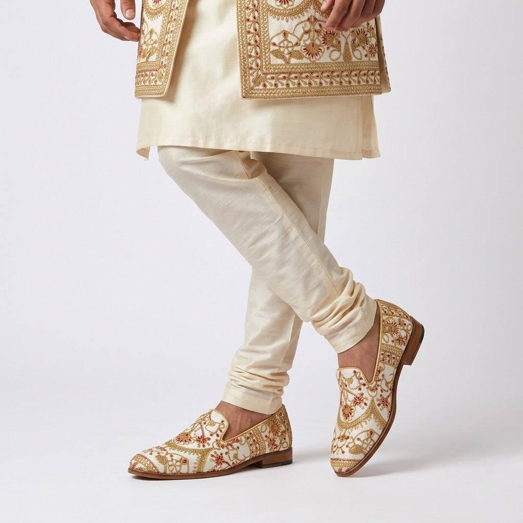 White with Full Golden Embroidery Wedding Ethnic Shoes Loafer for Men