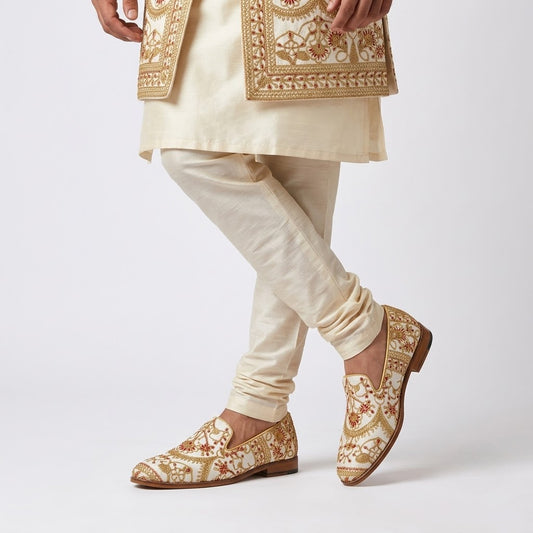 White with Full Golden Embroidery Wedding Ethnic Shoes Loafer for Men
