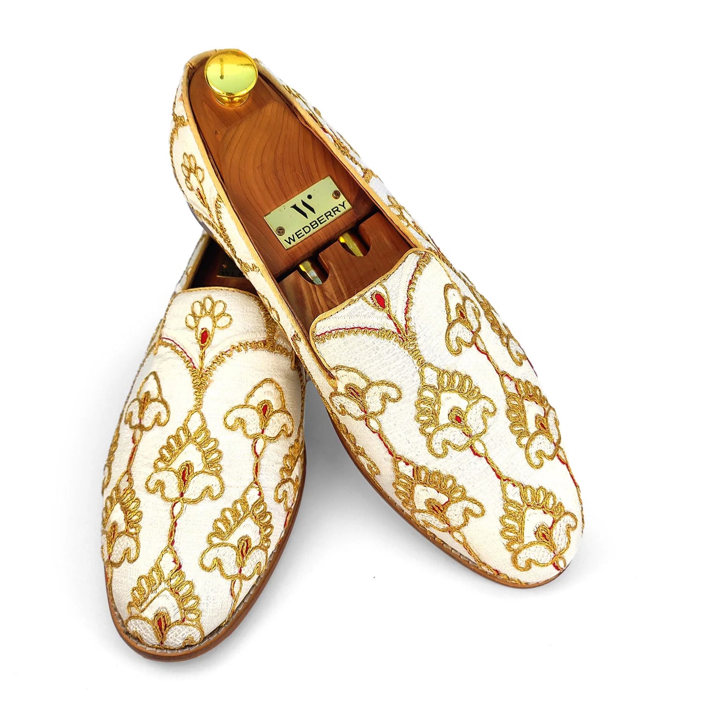 White Golden Embroidery Wedding Ethnic Mojari Shoes Loafer for Men