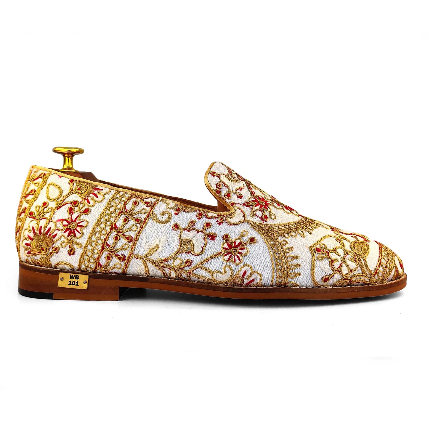 White with Full Golden Embroidery Wedding Ethnic Shoes Loafer for Men