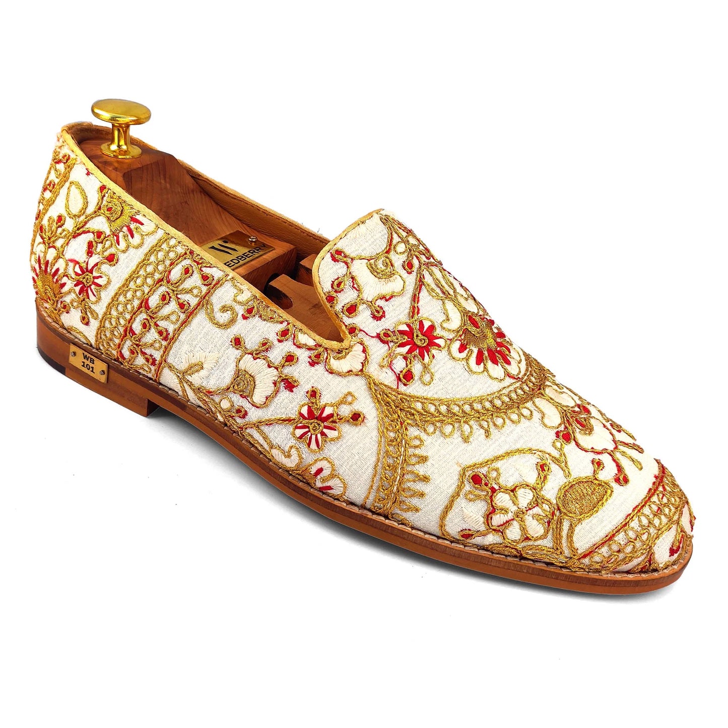 White with Full Golden Embroidery Wedding Ethnic Shoes Loafer for Men