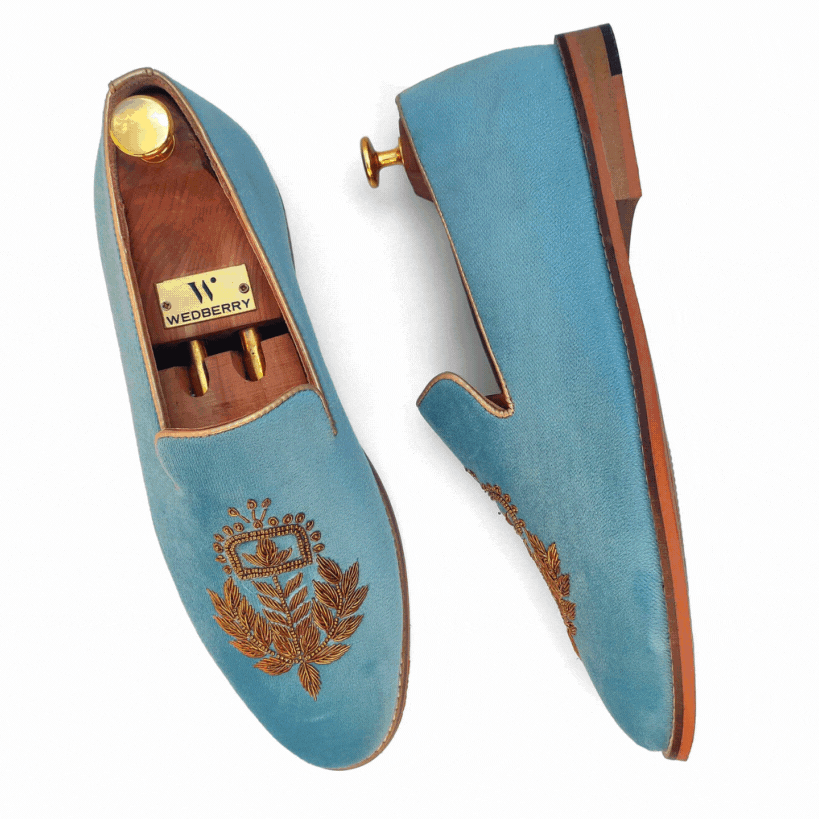 Sky Blue Velvet Antique Gold Zardozi Handwork Wedding Ethnic Shoes Loafer for Men