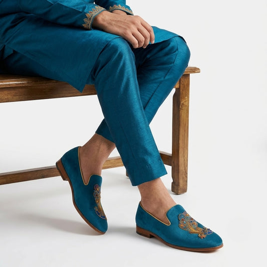 Turquoise Blue Loafer with Special Peacock Zardozi Work for Men