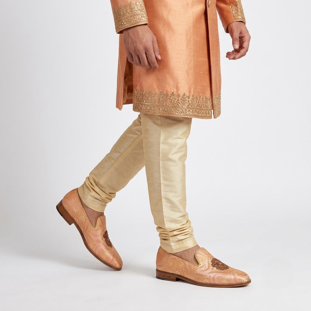 Peach and Gold Zardozi Handwork Loafer for Men