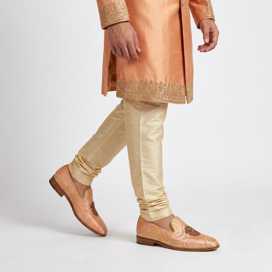 Peach and Gold Zardozi Handwork Loafer for Men
