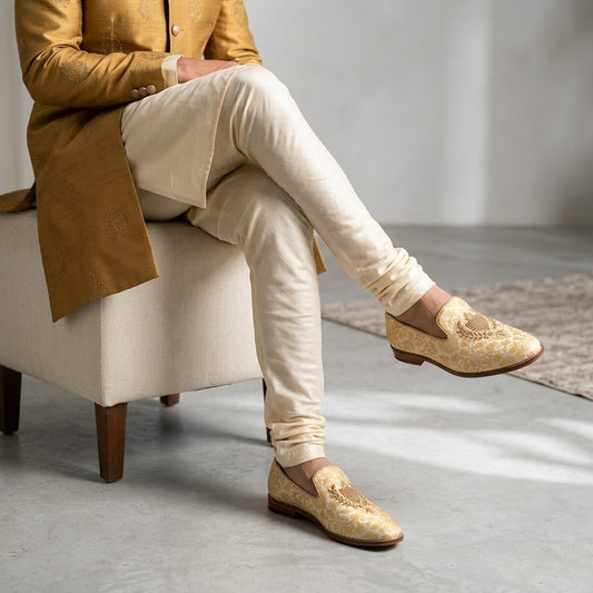 Beige and Gold Brocket Wedding Ethnic Shoes Zardozi Handwork Loafer for Men