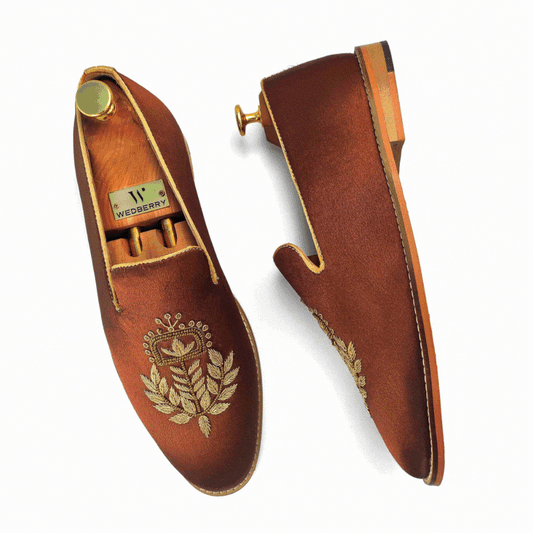 Brown Satin Silk with Golden Zardozi Handwork Loafers for Men