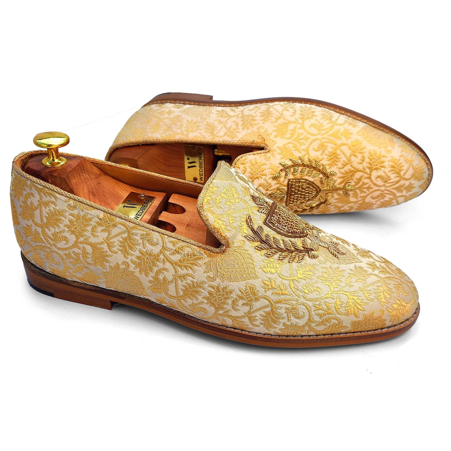 Beige and Gold Brocket Wedding Ethnic Shoes Zardozi Handwork Loafer for Men