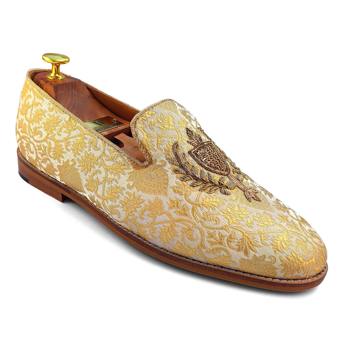 Beige and Gold Brocket Wedding Ethnic Shoes Zardozi Handwork Loafer for Men