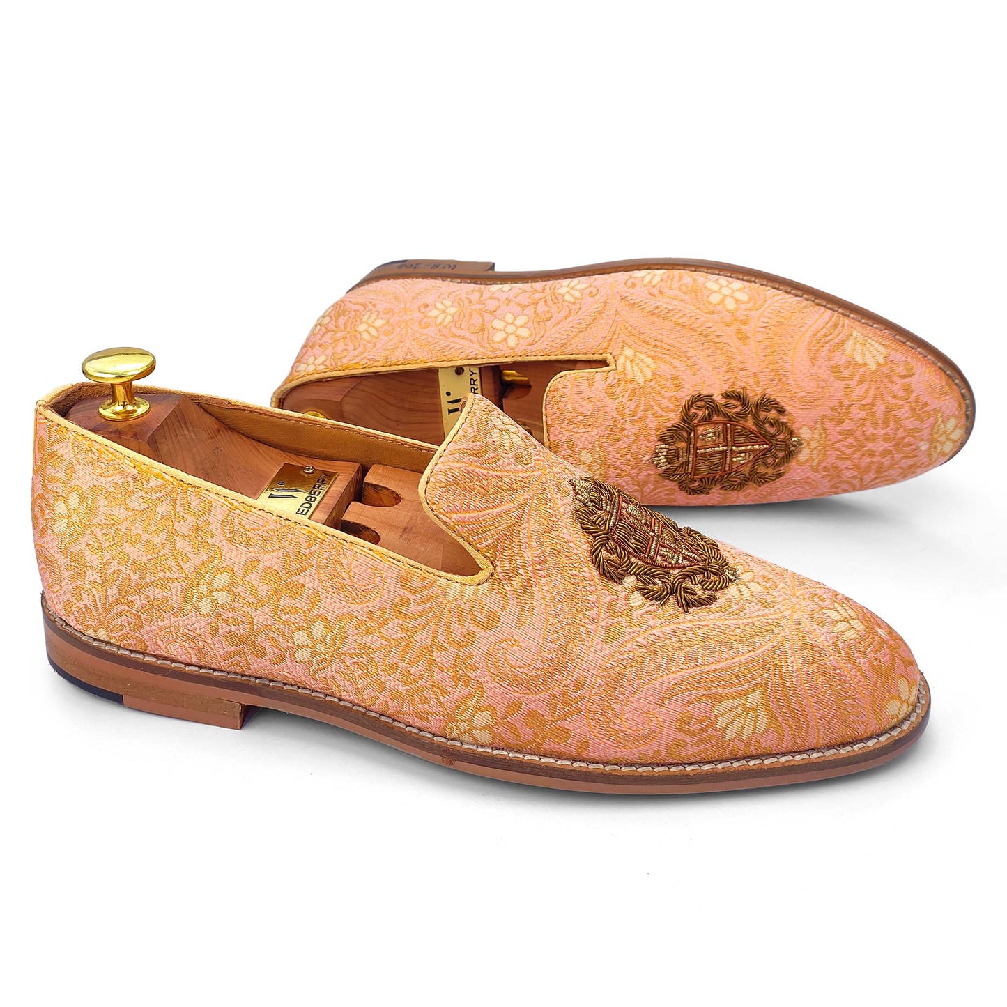 Peach and Gold Zardozi Handwork Loafer for Men