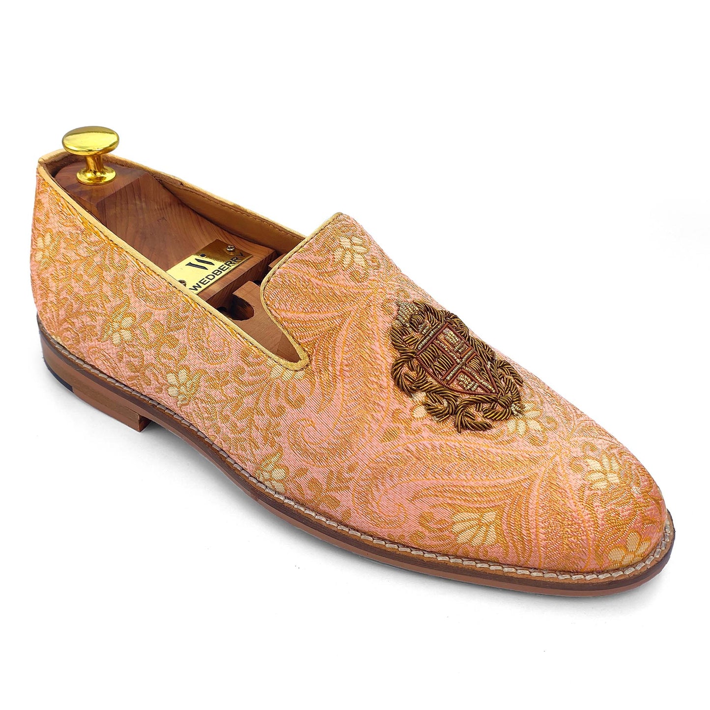 Peach and Gold Zardozi Handwork Loafer for Men