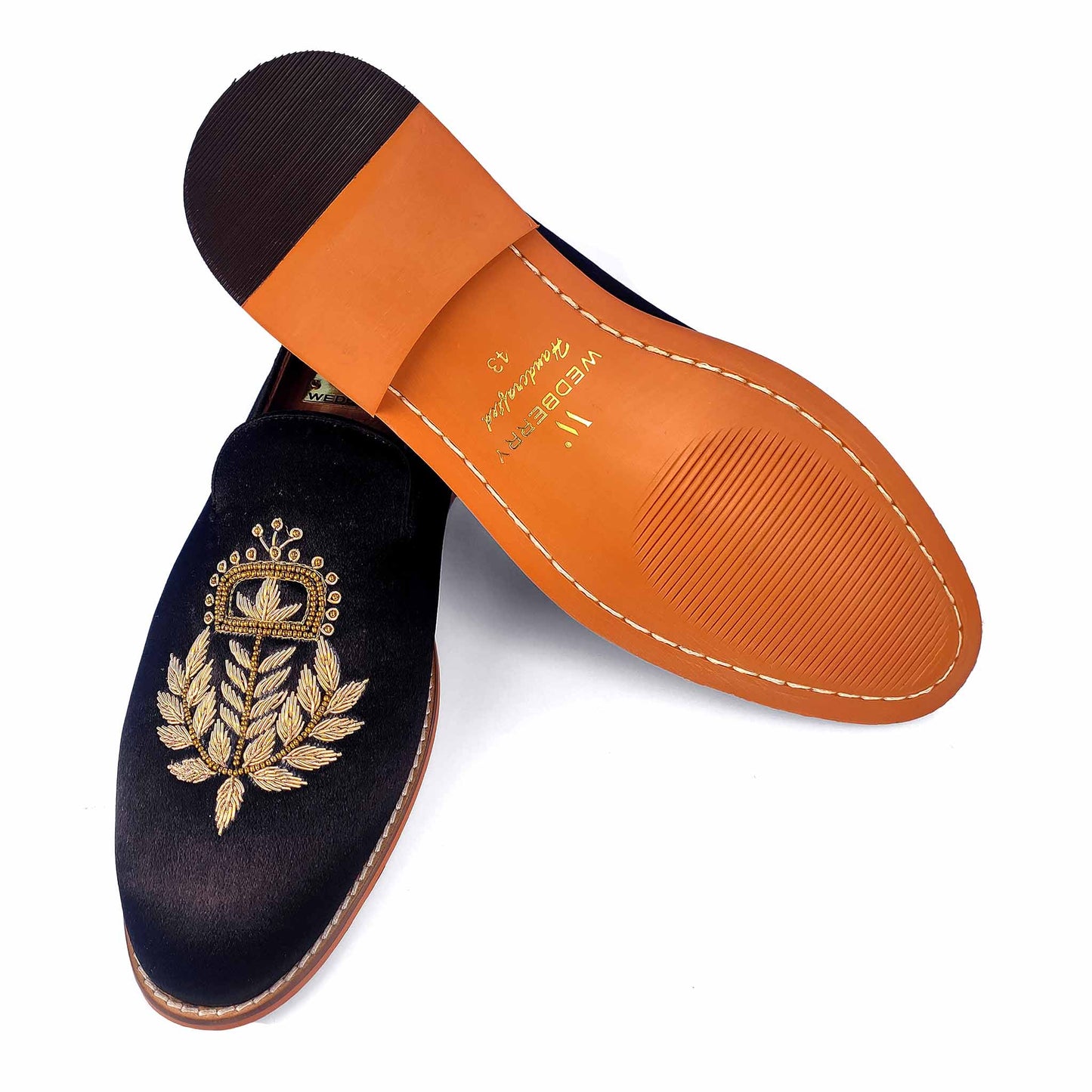 Black Satin Silk with Golden Zardozi Handwork Loafers for Men