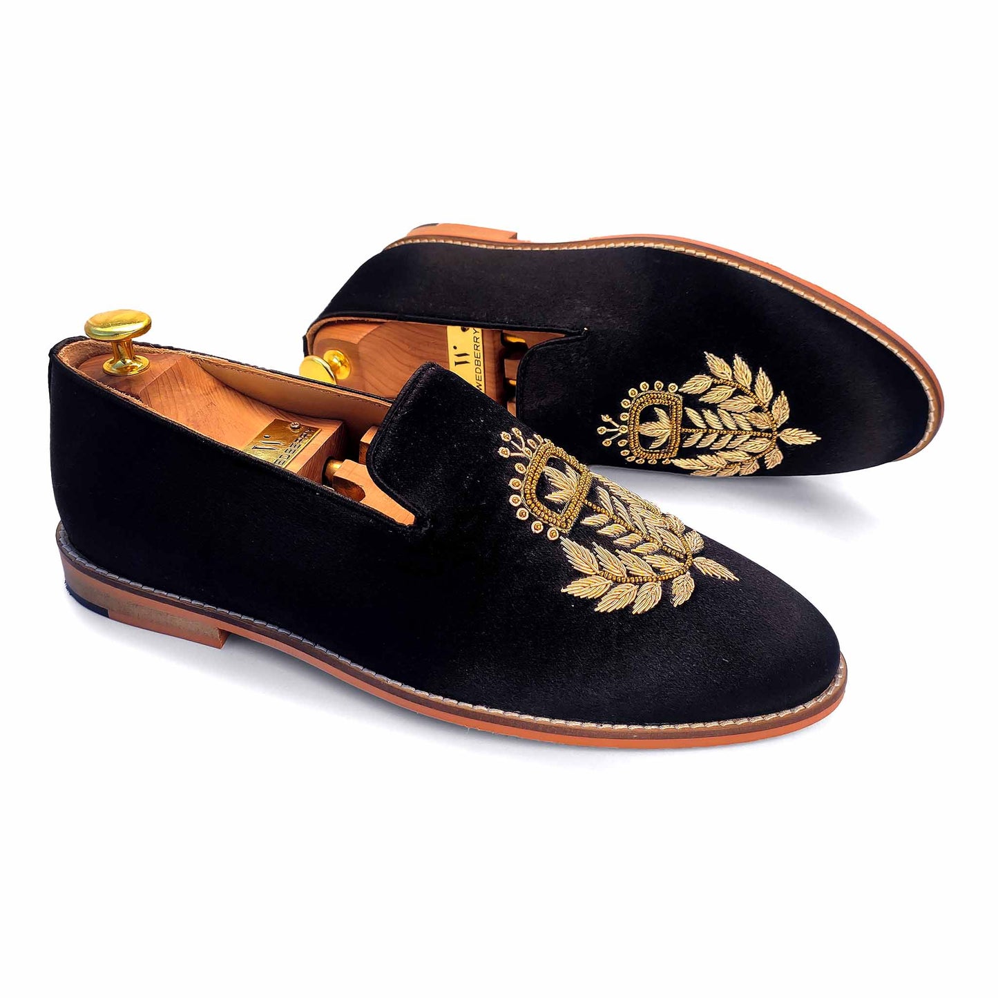Black Satin Silk with Golden Zardozi Handwork Loafers for Men