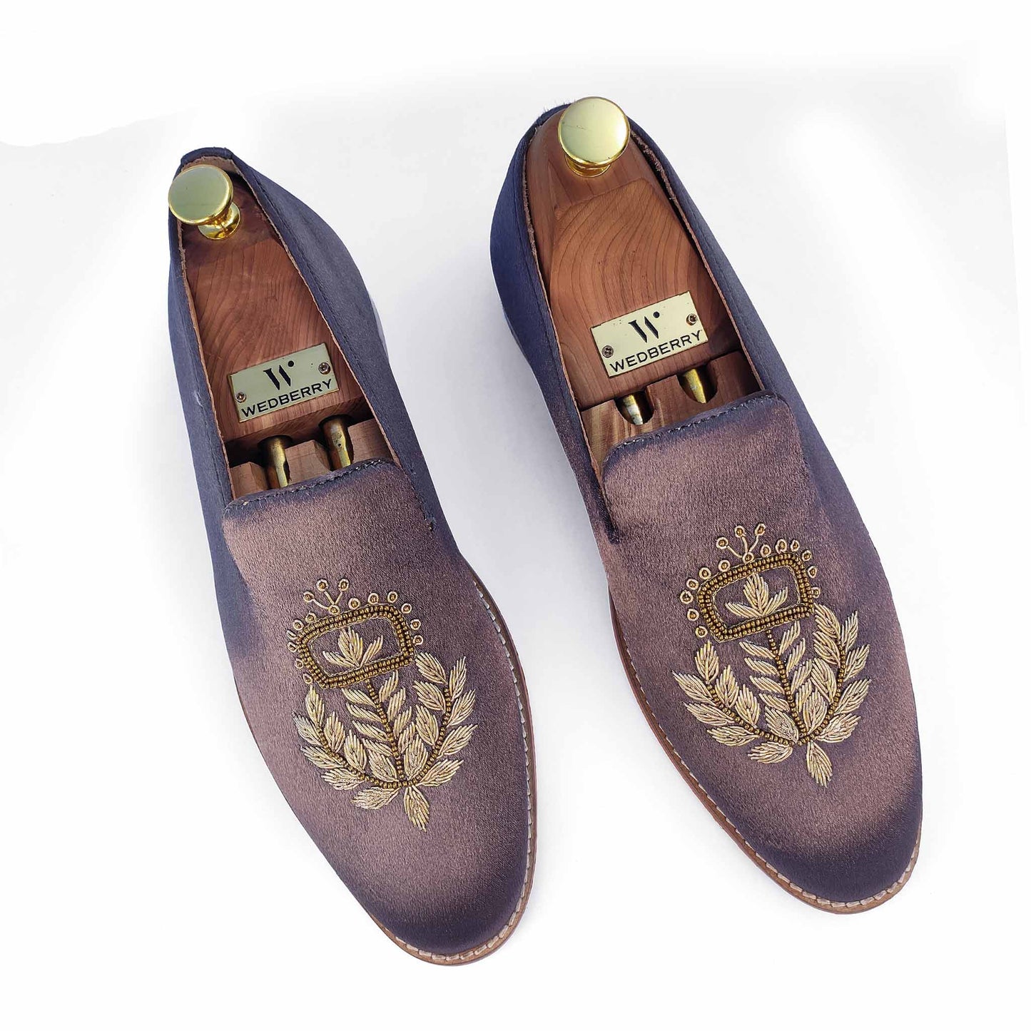 Grey Satin Silk with Golden Zardozi Handwork Wedding Ethnic Shoes Party Loafer for Men