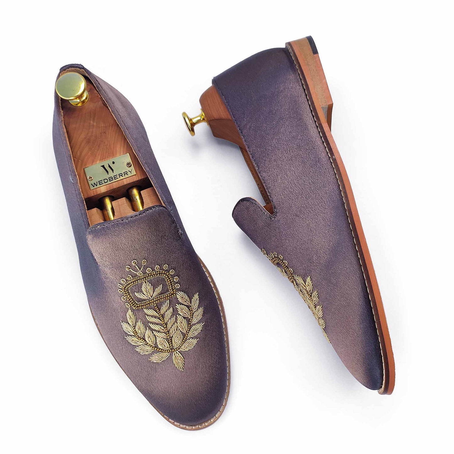 Grey Satin Silk with Golden Zardozi Handwork Wedding Ethnic Shoes Party Loafer for Men