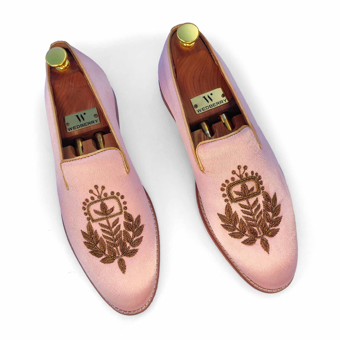 Light Pink Satin Silk with Golden Zardozi Handwork Wedding Shoes Ethnic Loafers for Men