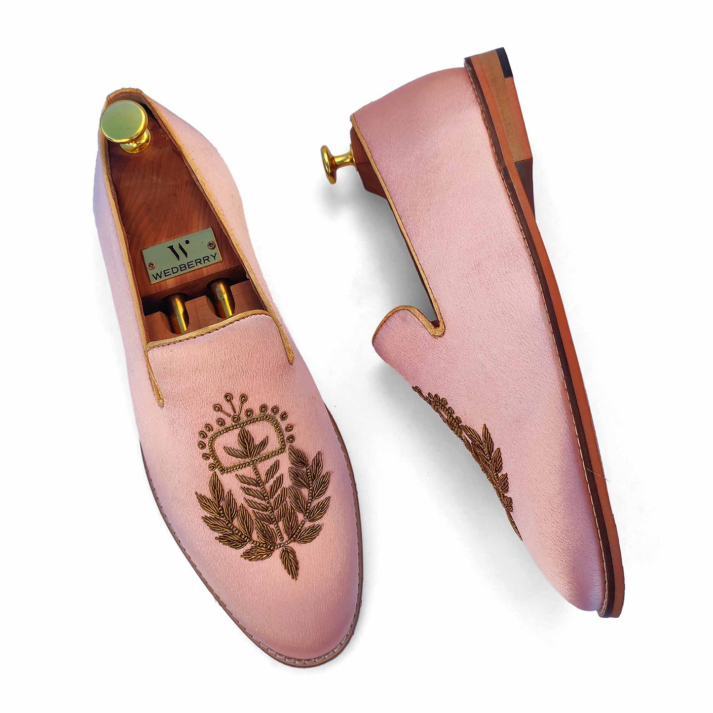 Light Pink Satin Silk with Golden Zardozi Handwork Wedding Shoes Ethnic Loafers for Men