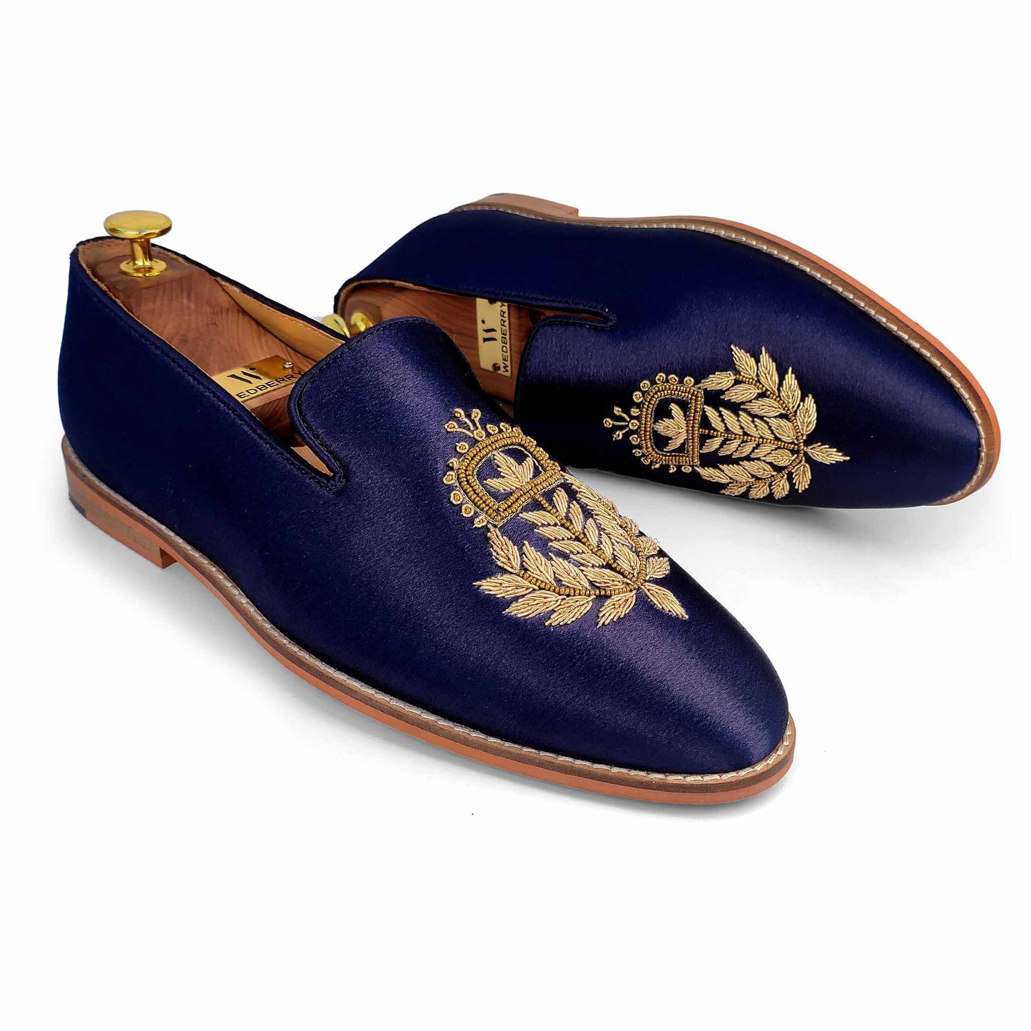 Navy Blue Golden Zardozi Handwork Wedding Ethnic Shoes Party Loafers for Men