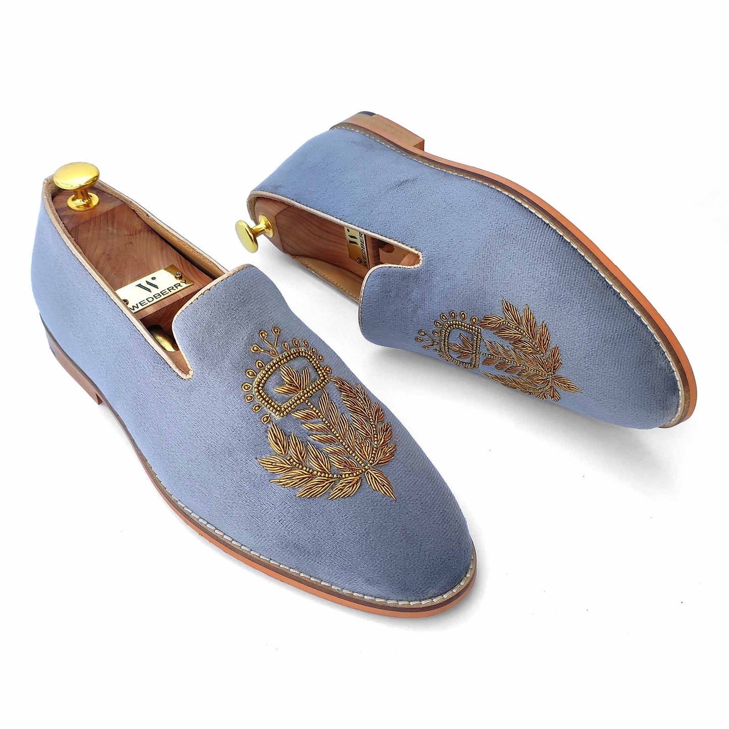 Grey Velvet with Antique Gold Zardozi Wedding Ethnic Shoes Handwork for Men