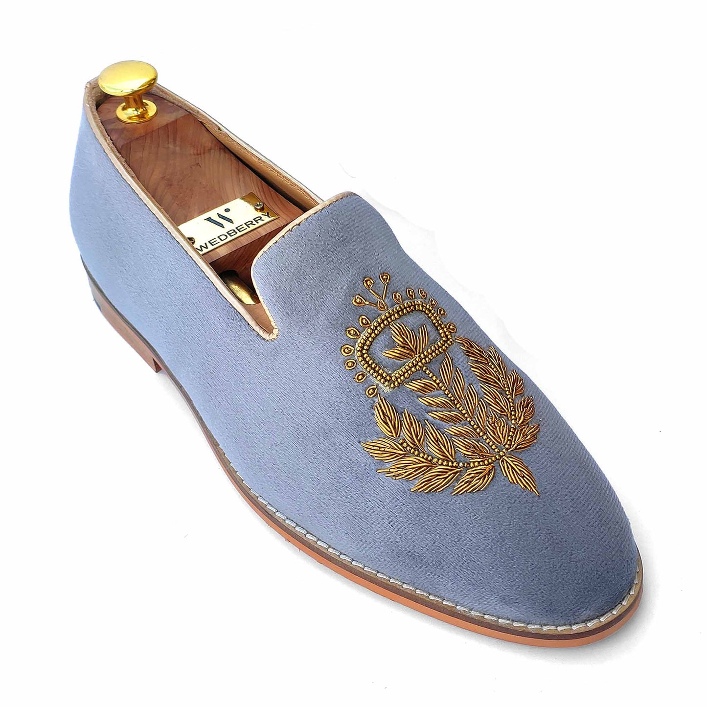 Grey Velvet with Antique Gold Zardozi Wedding Ethnic Shoes Handwork for Men