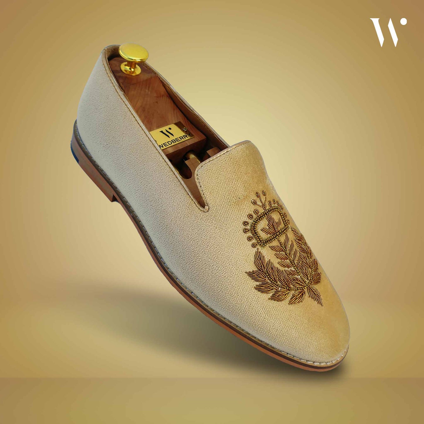 Creme Velvet with Antique Gold Zardozi Handwork Wedding Shoes Ethnic Loafers for Men