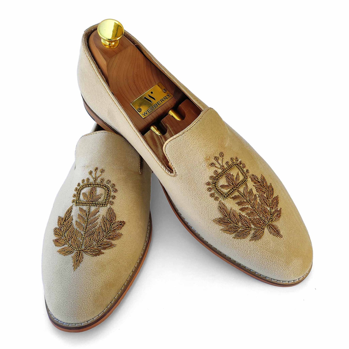 Creme Velvet with Antique Gold Zardozi Handwork Wedding Shoes Ethnic Loafers Nagra Slipon Mojri for Men