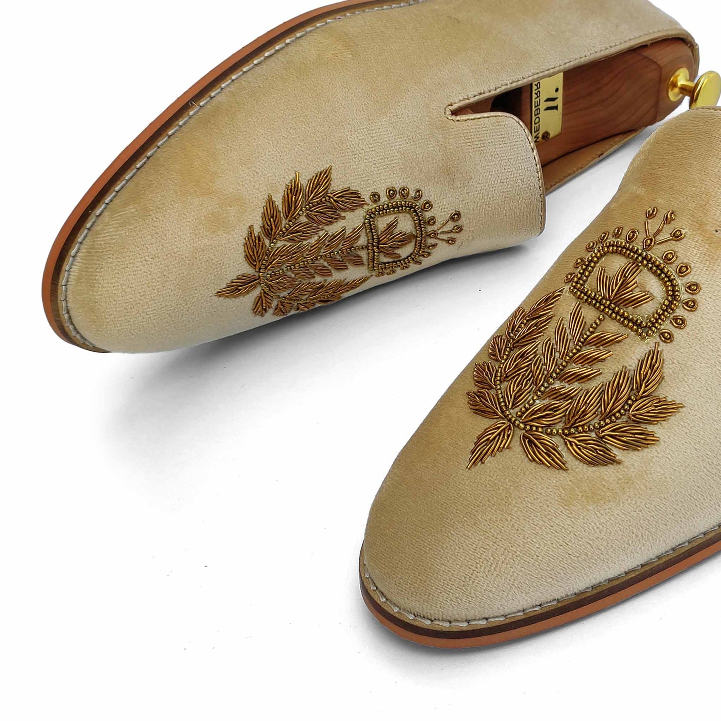 Creme Velvet with Antique Gold Zardozi Handwork Wedding Shoes Ethnic Loafers Nagra Slipon Mojri for Men