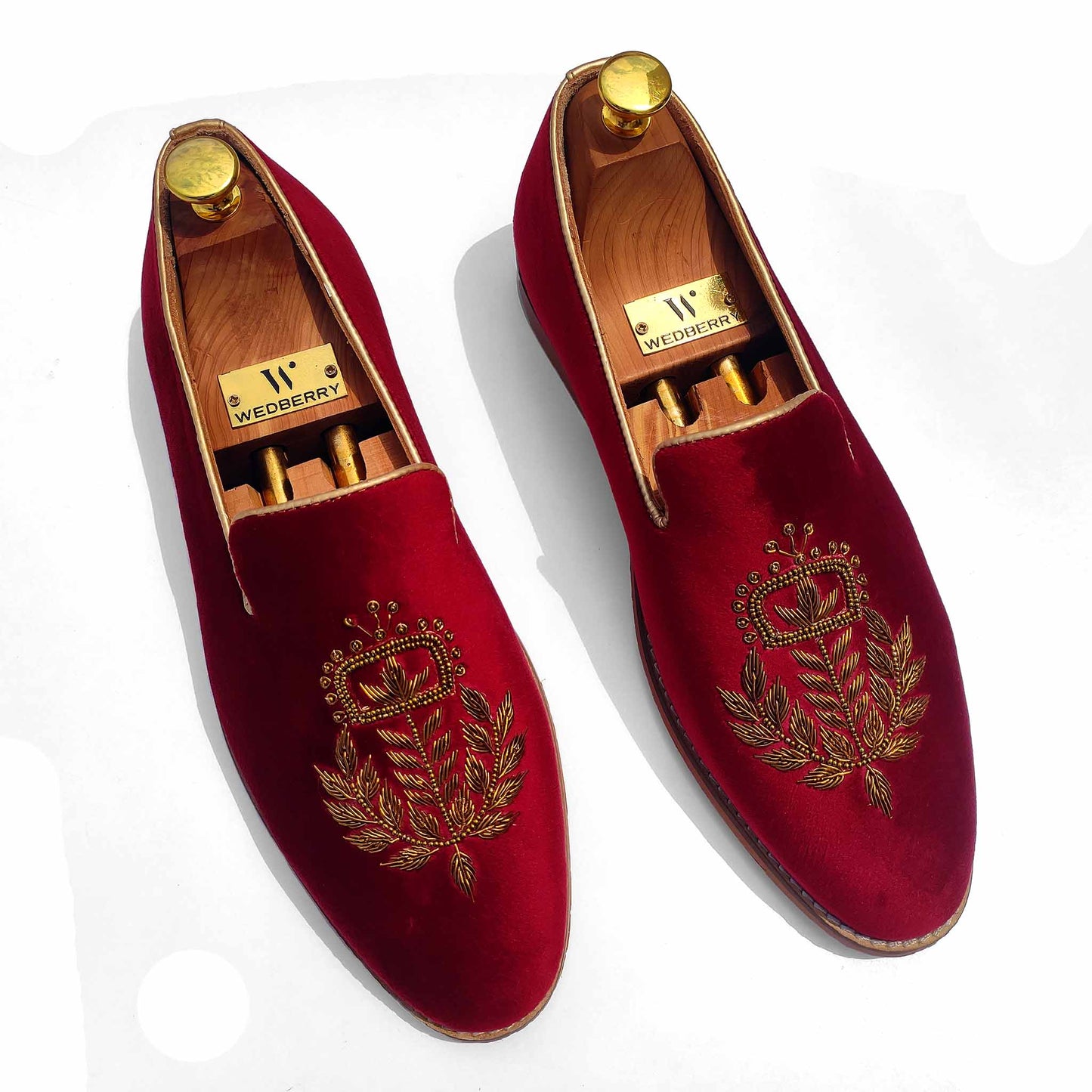 Maroon Velvet Antique Gold Zardozi Handwork Wedding Ethnic Shoes Loafers for Men