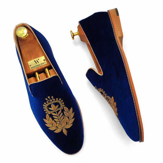 Navy Blue Velvet Zardozi Handwork Wedding Ethnic Shoes Party for Men