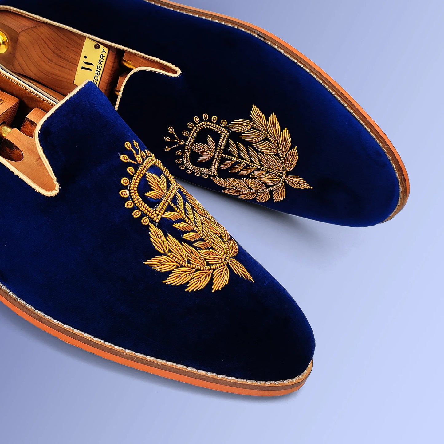 Navy Blue Velvet Antique Gold Zardozi Handwork Wedding Ethnic Shoes Party Loafers for Men