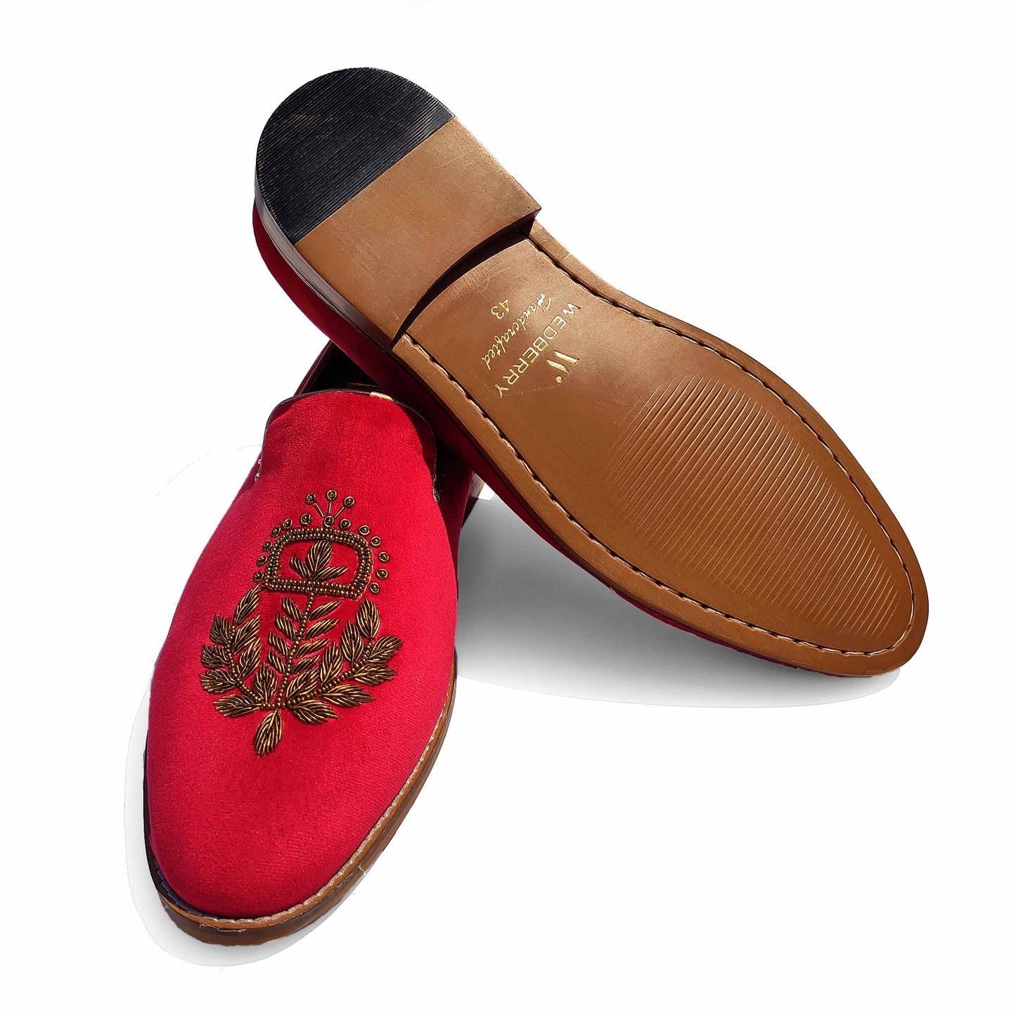 Red Velvet Antique Gold Zardozi Handwork Wedding Ethnic Shoes Loafer for Men