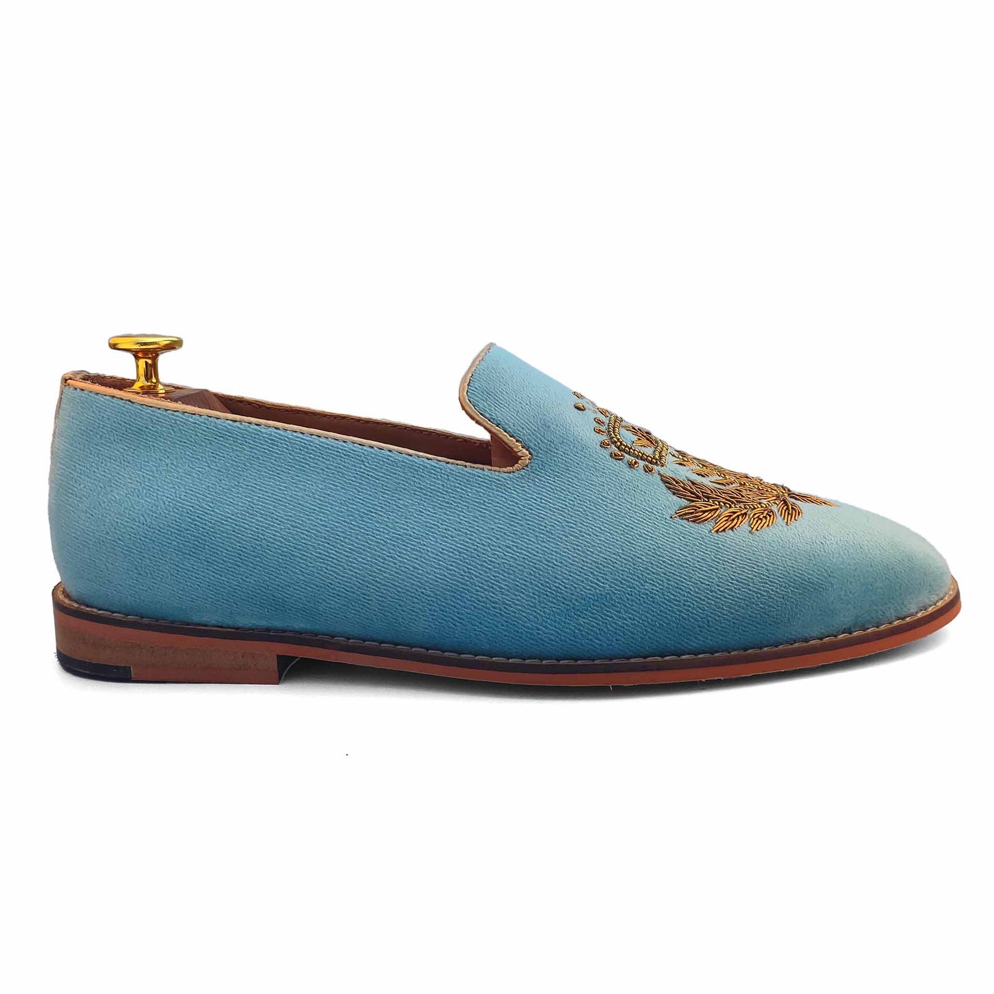 Sky Blue Velvet Antique Gold Zardozi Handwork Wedding Ethnic Shoes Loafer for Men