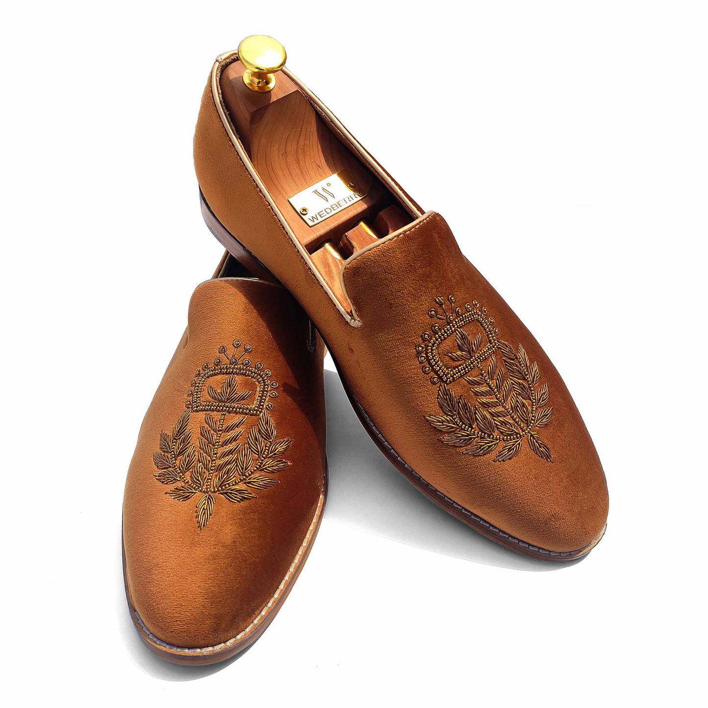 Tan Velvet Antique Gold Zardozi Wedding Ethnic Party Shoes Loafer for MenWedding Ethnic Party Shoes Loafer for Men