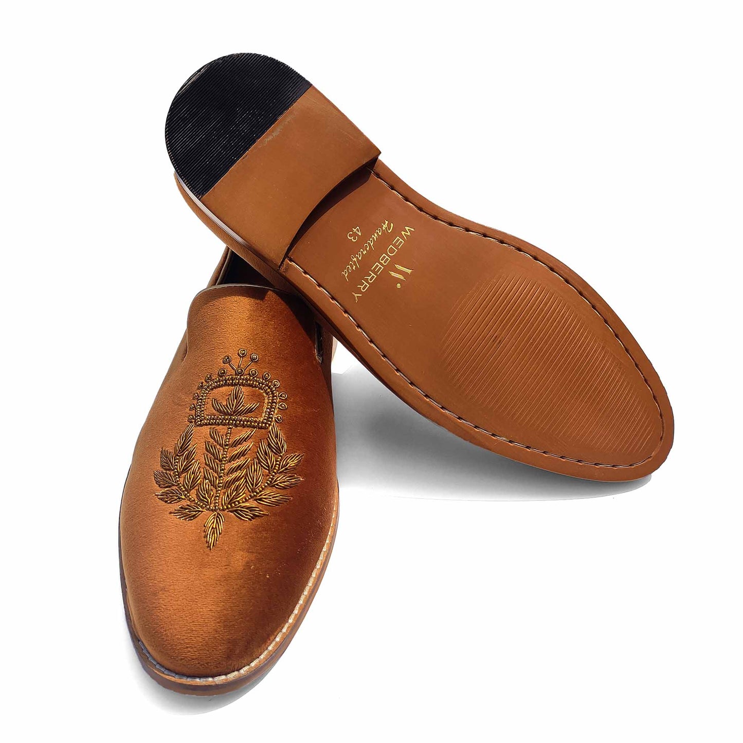 Tan Velvet Antique Gold Zardozi Wedding Ethnic Party Shoes Loafer for MenWedding Ethnic Party Shoes Loafer for Men