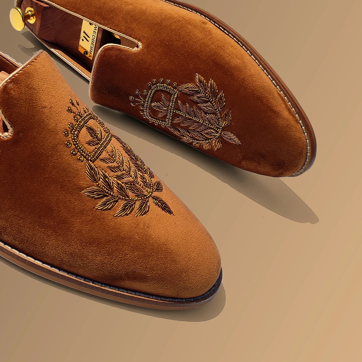 Tan Velvet Zardozi Wedding Ethnic Party Shoes Loafer for Men