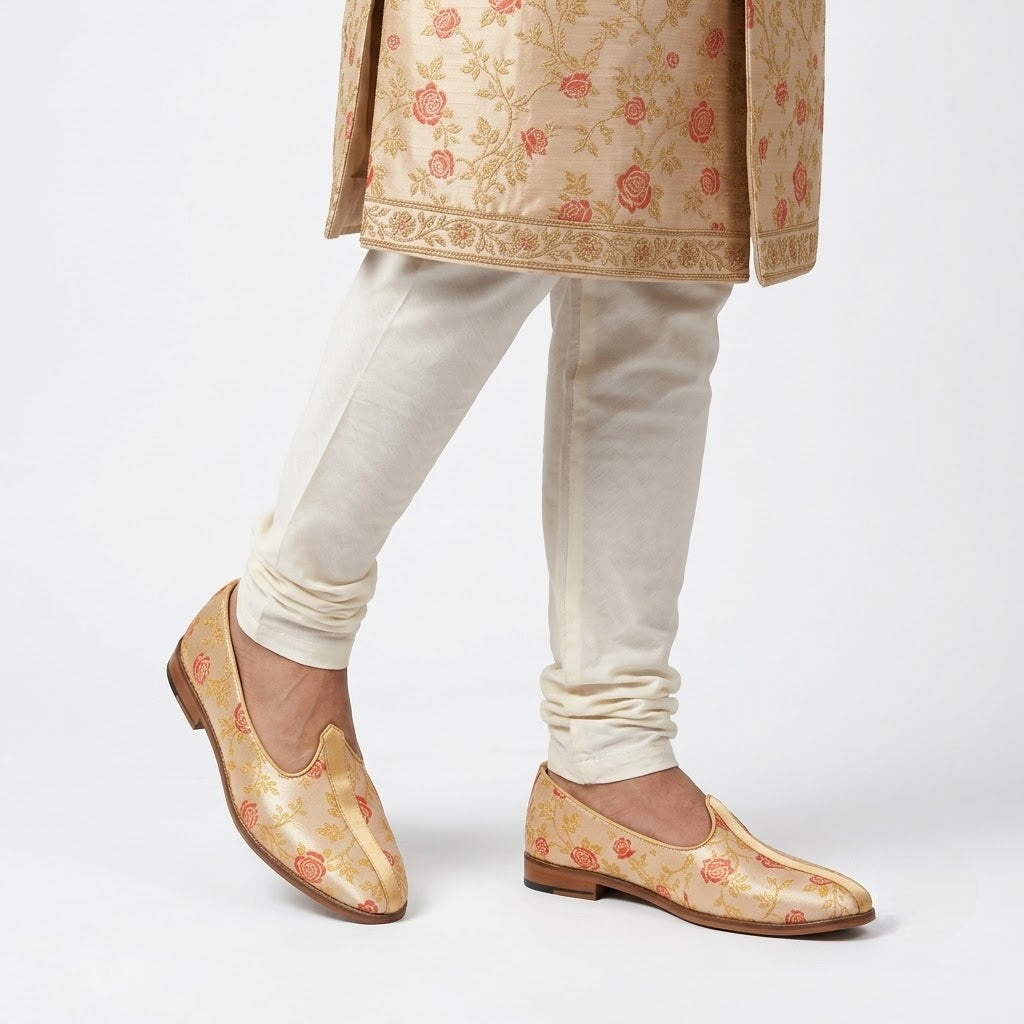 Beige Cherry Rose Wedding Ethnic Shoes Nagra Mojri Loafer for Men