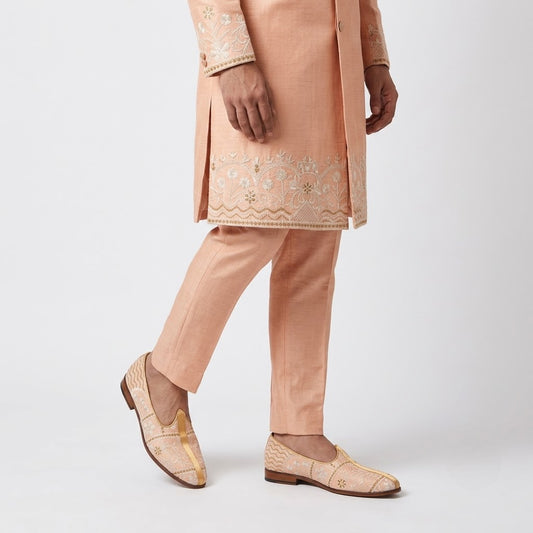 Pink Peach Embroidery Wedding Ethnic Nagra Mojri Loafer for Men