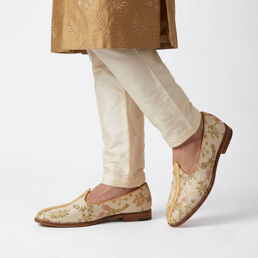 Biege and Multi Color Matching Nagra Mojri Loafer for Men