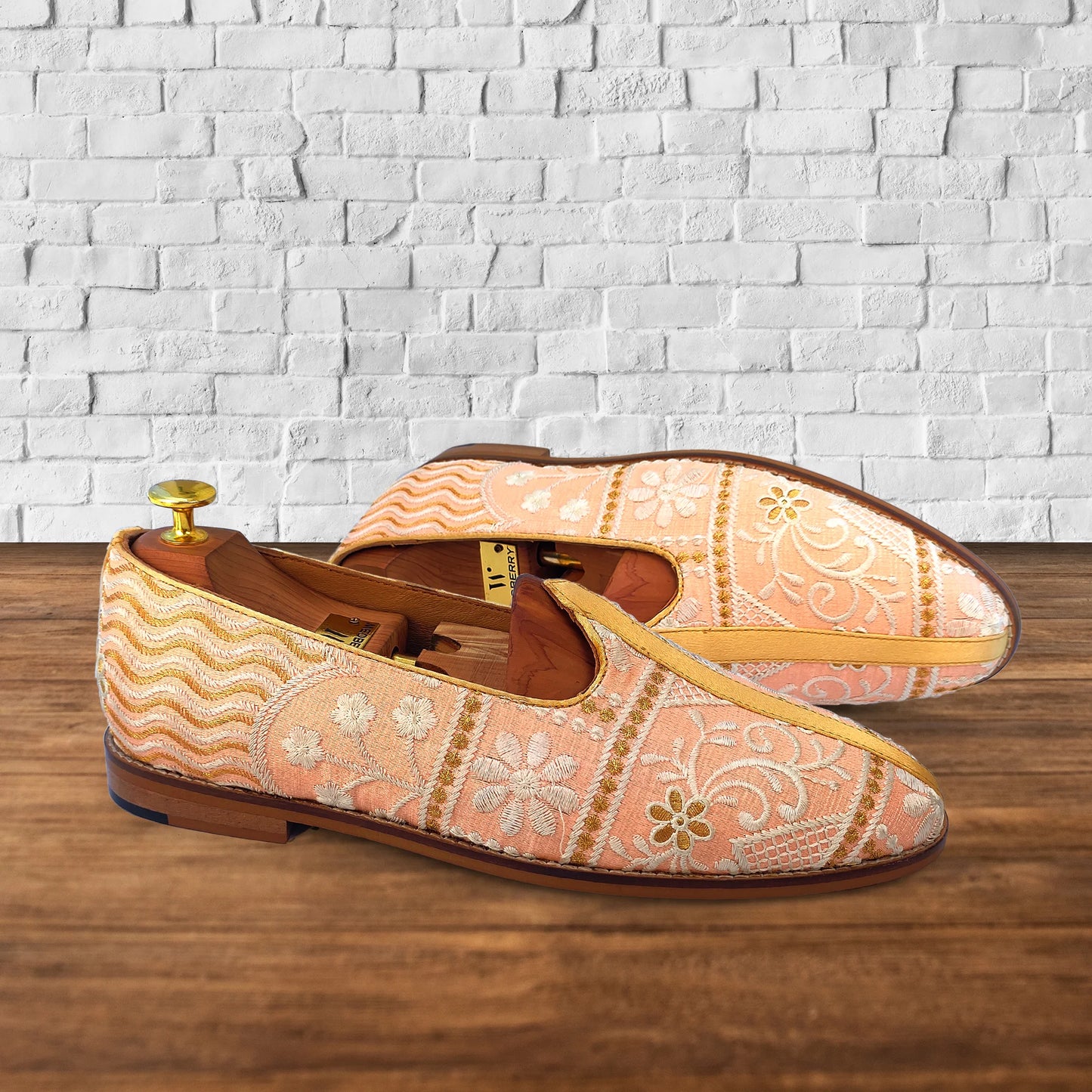 Pink Peach Embroidery Wedding Ethnic Nagra Mojri Loafer for Men