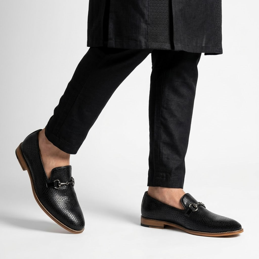 Black Python Duet GUn Metal Buckle Slipon Loafers for Men